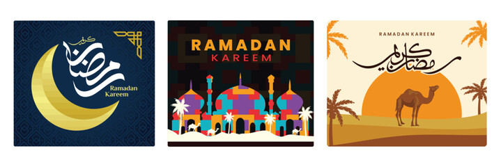 An elegant Ramadan Kareem greeting card featuring Islamic calligraphy and a golden crescent moon.