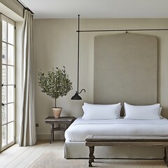 A serene bedroom interior with minimalist furnishings and neutral colors