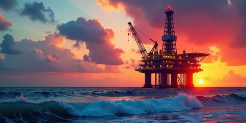 Obraz premium Offshore Platform at Sunset A Majestic Silhouette Against Vibrant Skies and Ocean Waves