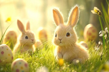 Obraz premium A festive holiday image featuring Easter egg bunnies with tiny drawn-on whiskers and fluffy tails, sitting in a meadow.