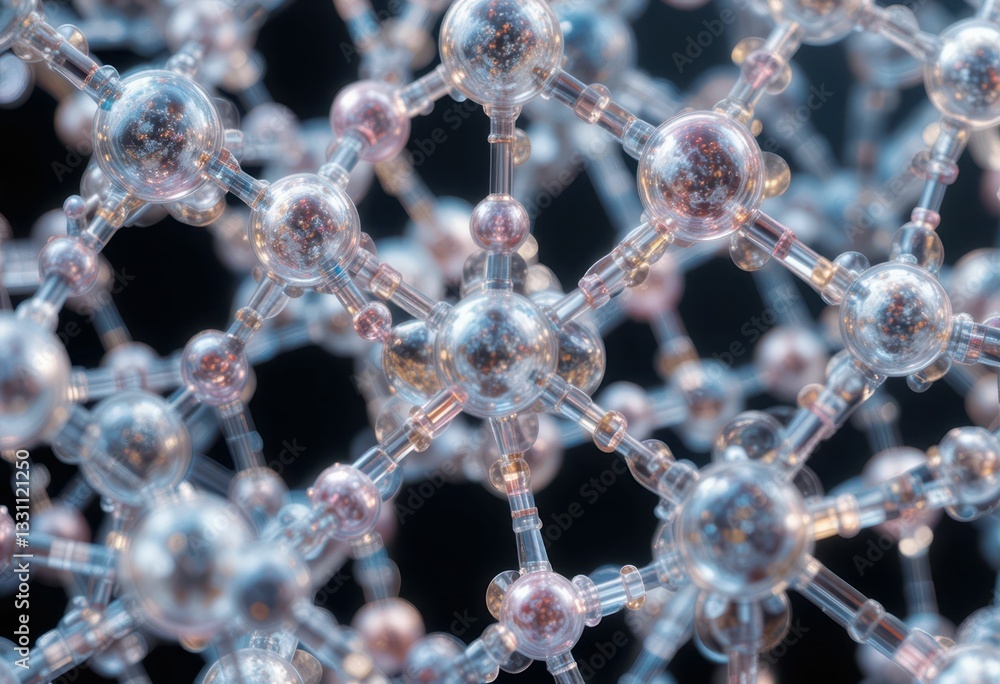 Poster intricate molecular structure with colorful spheres in closeup view