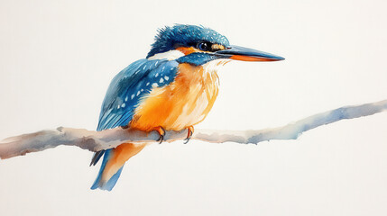 Obraz premium A watercolor painting of a majestic kingfisher resting on a branch, its brilliant blue and orange plumage standing out vividly against a serene, single-tone background