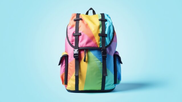 A colorful parachute backpack with multiple compartments and black straps, set against a light blue background.