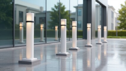 Illuminated parking bollards line a modern building's exterior, reflecting on the polished surface.