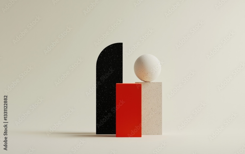 Poster 3d render of abstract geometric shapes in red black and beige