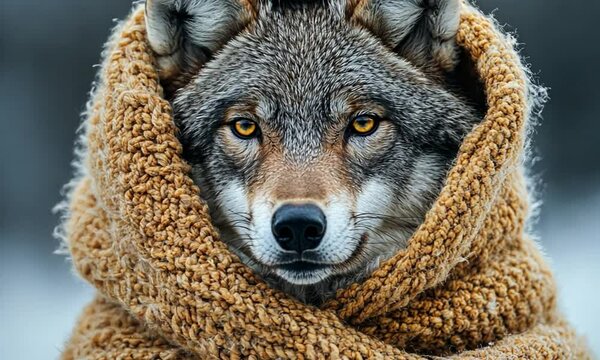 A wolf wrapped in a cozy, knitted blanket, sitting serenely in a snowy landscape, evoking warmth