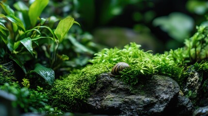 A small snail resting on green mossy rocks in the garden