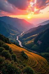 Stunning landscape of Yuanyang rice terraces at sunset, Yunnan, mountains