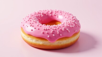 A pink sprinkle donut with pink icing and white sprinkles on a light pink background.