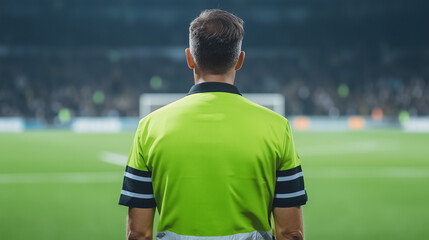 Fototapeta premium Focused on the Game: A referee stands on the lush green pitch, the stadium lights casting a warm glow on the scene. The image captures the anticipation and focus before the game begins.