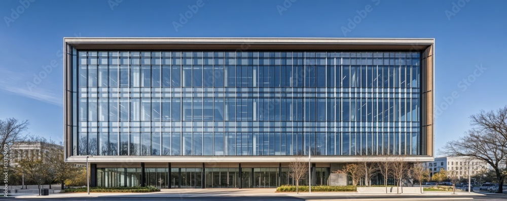 Poster a modern glass building with multiple floors and architectural design
