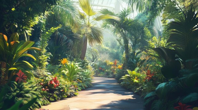 A lush indoor garden path with vibrant tropical plants