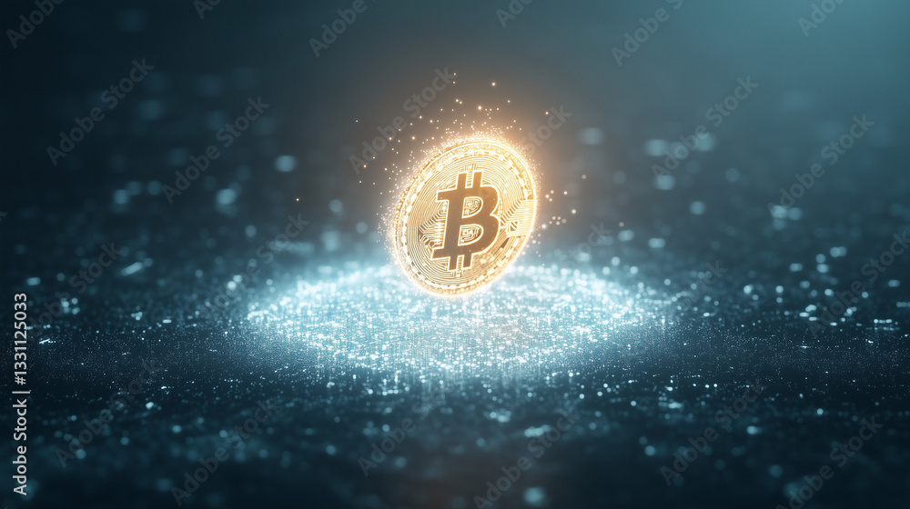 Poster bitcoin's digital genesis: a glimmering bitcoin symbol emerging from a digital portal, illuminating 