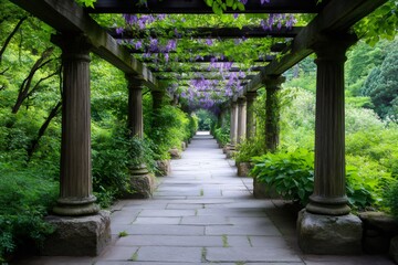 Obraz premium Wisteria flowers covering pergola in a peaceful garden creating a romantic walkway