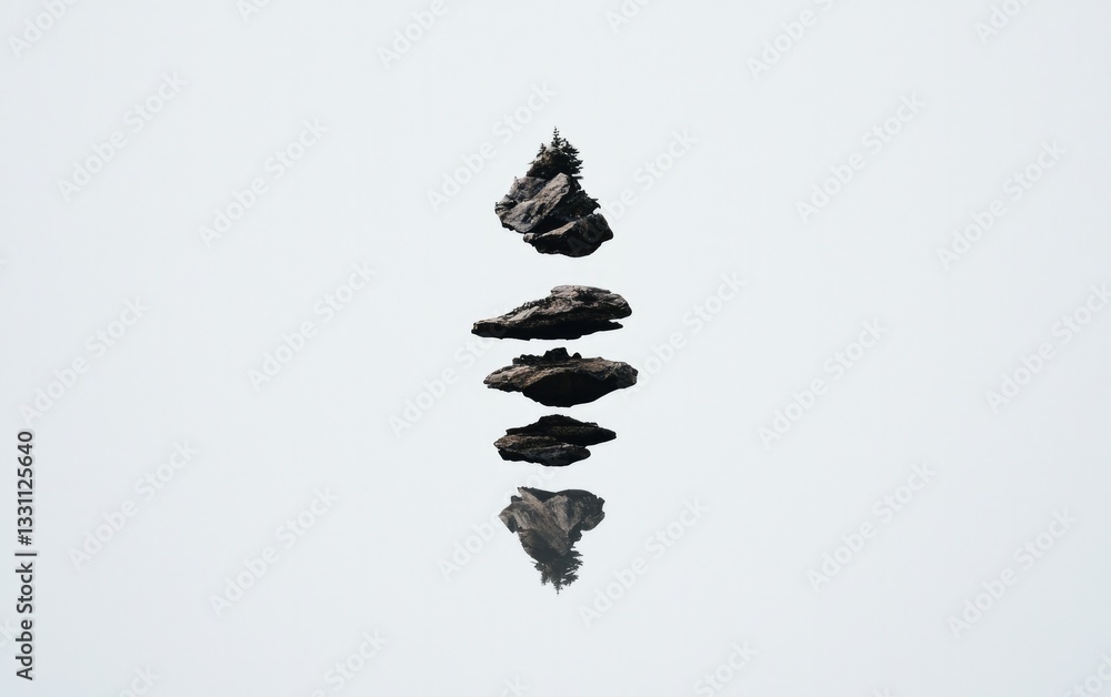 Poster pixelated dark gray rocks stacked vertically with reflection on light gray background