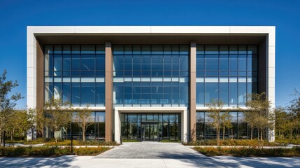 The exterior of a modern building arranged in a grid, with nine windows, following the photographic rule for visual balance and symmetry in the section.