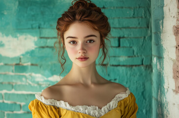 Obraz premium Portrait of a Young Woman with Red Hair in a Yellow Dress against a Teal Brick Wall