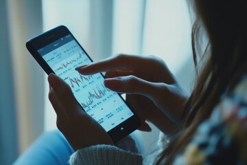A close-up of a woman's hand swiping through stock market data on a smartphone, highlighting investment performance and trends.
