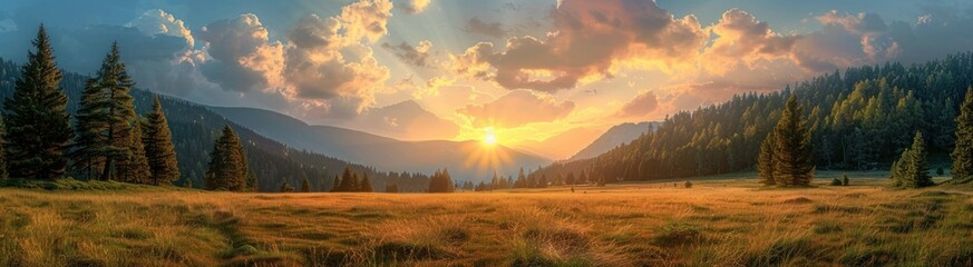 Obraz premium Golden Hour Sunset Over Mountain Meadow