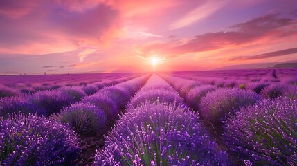 Obraz premium A magical field of lavender stretching endlessly under a pink and purple sunset