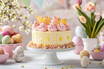 A festive cake adorned with pink frosting and cheerful yellow decorations for Easter celebrations.
