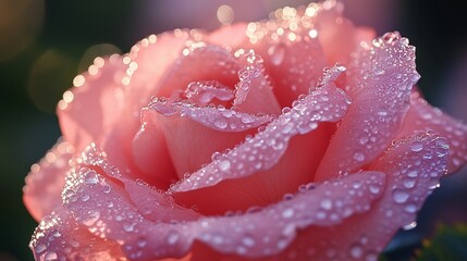 Dew-covered roses in a lush garden with sunlight glistening off the petals. 