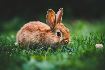 Fototapeta premium A small rabbit sits peacefully in lush green grass, embodying the spirit of Easter.