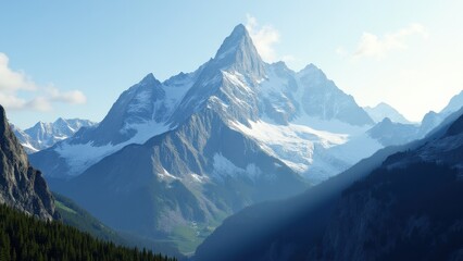 Rising Wolf Mountain stands majestically with its snow-capped peak and rugged terrain, surrounded by lush green valleys and other mountain ranges.