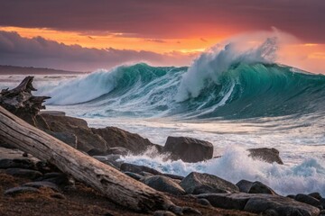 Naklejka premium Powerful Ocean Wave Crashing at Sunset