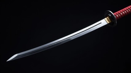 A ronin samurai sword with a curved blade and red-wrapped handle against a black background.