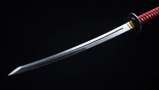 A ronin samurai sword with a curved blade and red-wrapped handle against a black background.