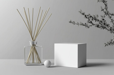 Elegant Reed Diffuser in Glass Bottle with White Cube Mockup and Minimalist Design
