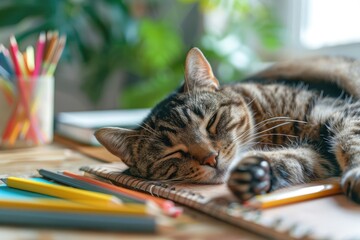 Vibrant Image of Lazy Cat Lying on the Table with School Supplies