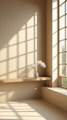 Minimalist interior with large window, soft sunlight casting geometric shadows on beige walls, and a simple vase with delicate flowers creating a serene and peaceful ambiance
