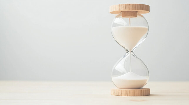 Time's Flow: A meticulously captured hourglass stands on a surface, with sand trickling down, conveying concepts of temporality, and the relentless passage of time. 