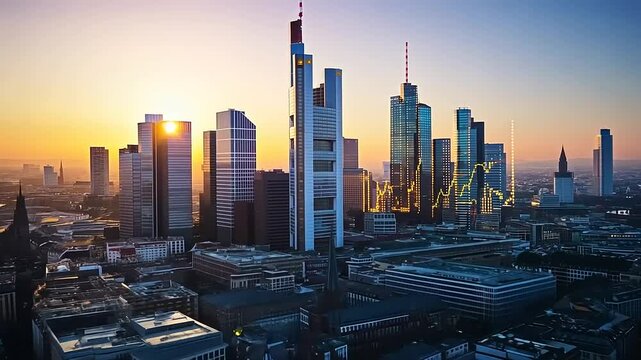 Aerial view of Frankfurt skyline at sunset with financial growth graph overlay in the background