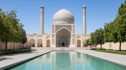 Fototapeta premium Architectural Grandeur: A symmetrical masterpiece of architectural design showcases a majestic mosque with its distinctive dome and minarets, reflected in the tranquil waters of a pool.
