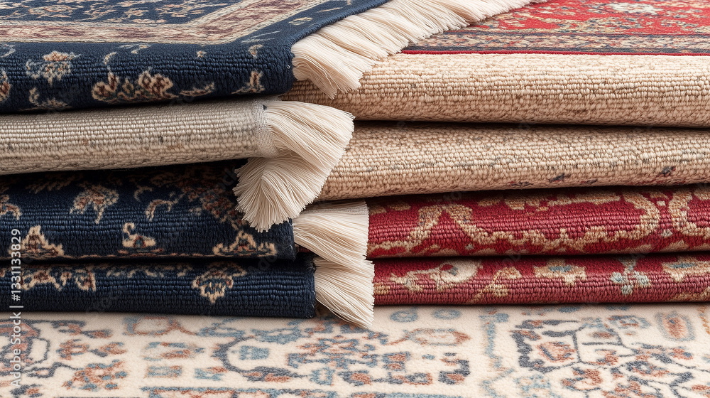 Poster stacked rugs: a close-up shot showcasing a collection of intricately patterned rugs, each with its u