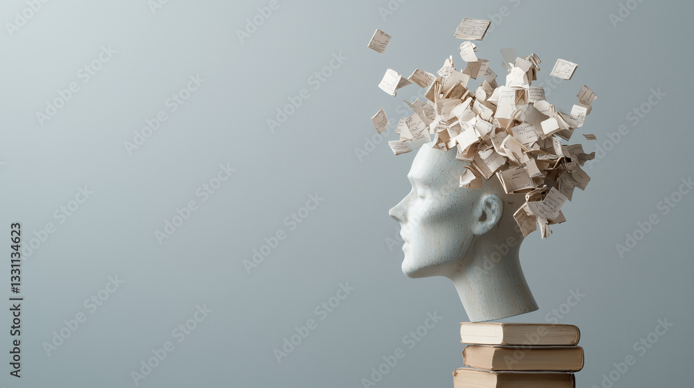 Poster mind unfolding: a conceptual art piece featuring a bust with a cascade of fragmented book pages symb