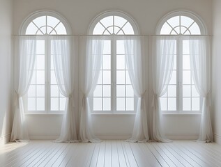 Fototapeta premium Elegant arched windows adorned with flowing sheer white curtains, creating a bright and airy atmosphere with soft natural light filtering through