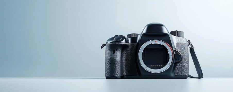A single black digital camera sitting on a flat surface