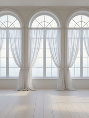 Fototapeta premium Elegant arched windows adorned with flowing sheer white curtains, creating a bright and airy atmosphere with soft natural light filtering through