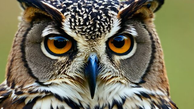 A captivating close-up of a European scops owl (Otus scops) as it slowly blinks, showcasing intricate feather textures, piercing eyes, and fine details of its facial features in stunning clarity.