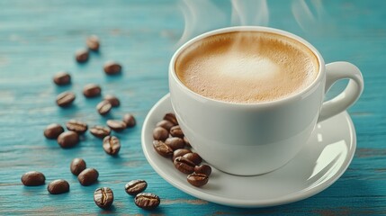 Fototapeta premium Steaming Coffee Cup on Rustic Blue Wooden Table