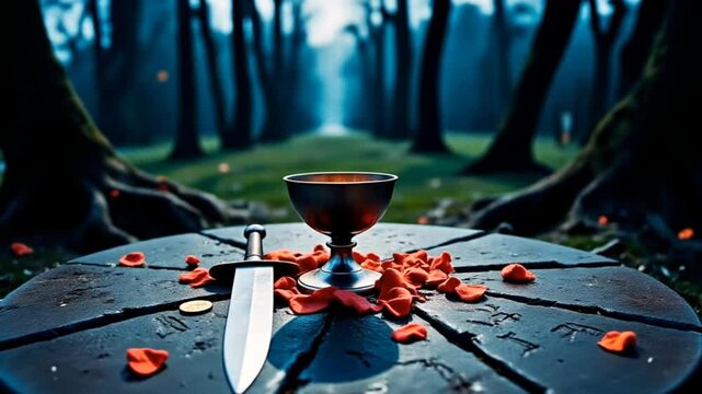 A silver chalice sits on a circular stone altar, surrounded by glowing runes carved deep into the surface. Around the chalice are scattered petals and a ceremonial dagger. styled as a tarot card scene