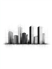 Fototapeta premium Urban Blueprint: A modern cityscape, rendered in a sophisticated sketch style, highlights the intricate architecture of towering skyscrapers and buildings.