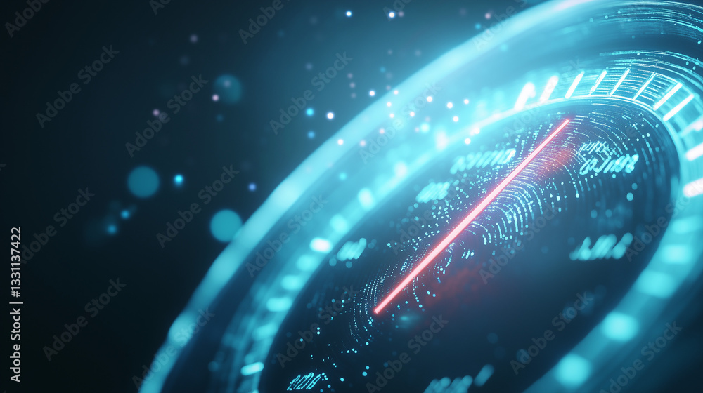 Poster digital dashboard: a modern, glowing dashboard with a red needle indicating high speed. the display 
