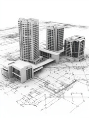 Fototapeta premium Architectural Blueprint: A detailed architectural blueprint comes to life, featuring a modern city skyline with high-rise buildings and complex structural elements, designed for urban development.