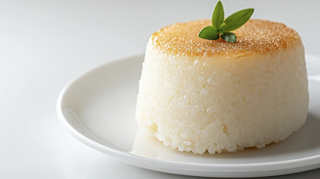 Delicious Filipino puto ste, sweet rice cake topped with caramel, served on white plate