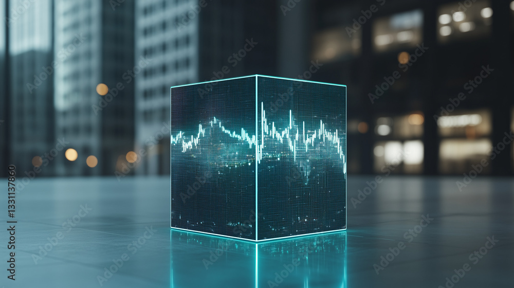 Poster data cube in the city: a sleek, glowing data cube hovers in an urban environment, its surfaces displ